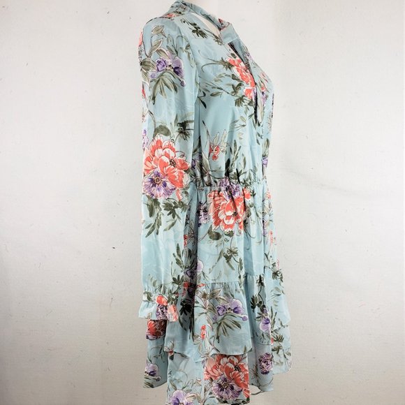 Nanette Lepore Aqua Floral LS Tie Neck Aqua Tiered Dress, 8 - Picture 3 of 12